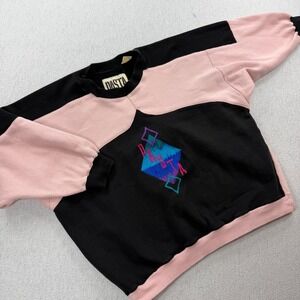 VTG 80s Pasta Sweatshirt Colorblock Embroidered Graphic Crewneck Pink Black L
